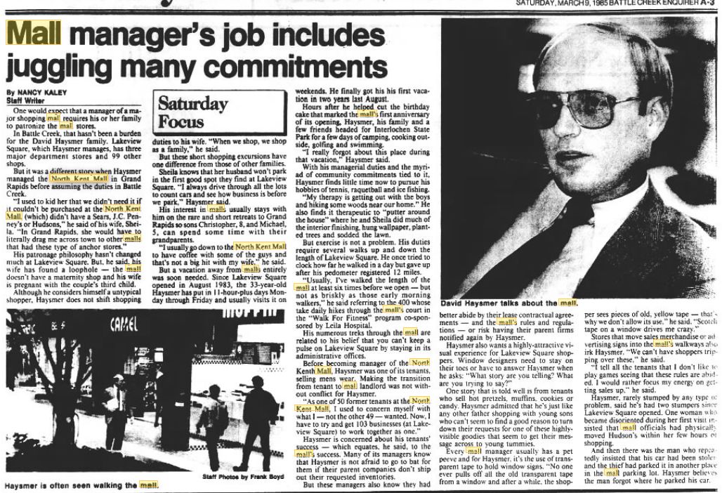 North Kent Mall - MARCH 1985 MALL MANAGER PROFILE